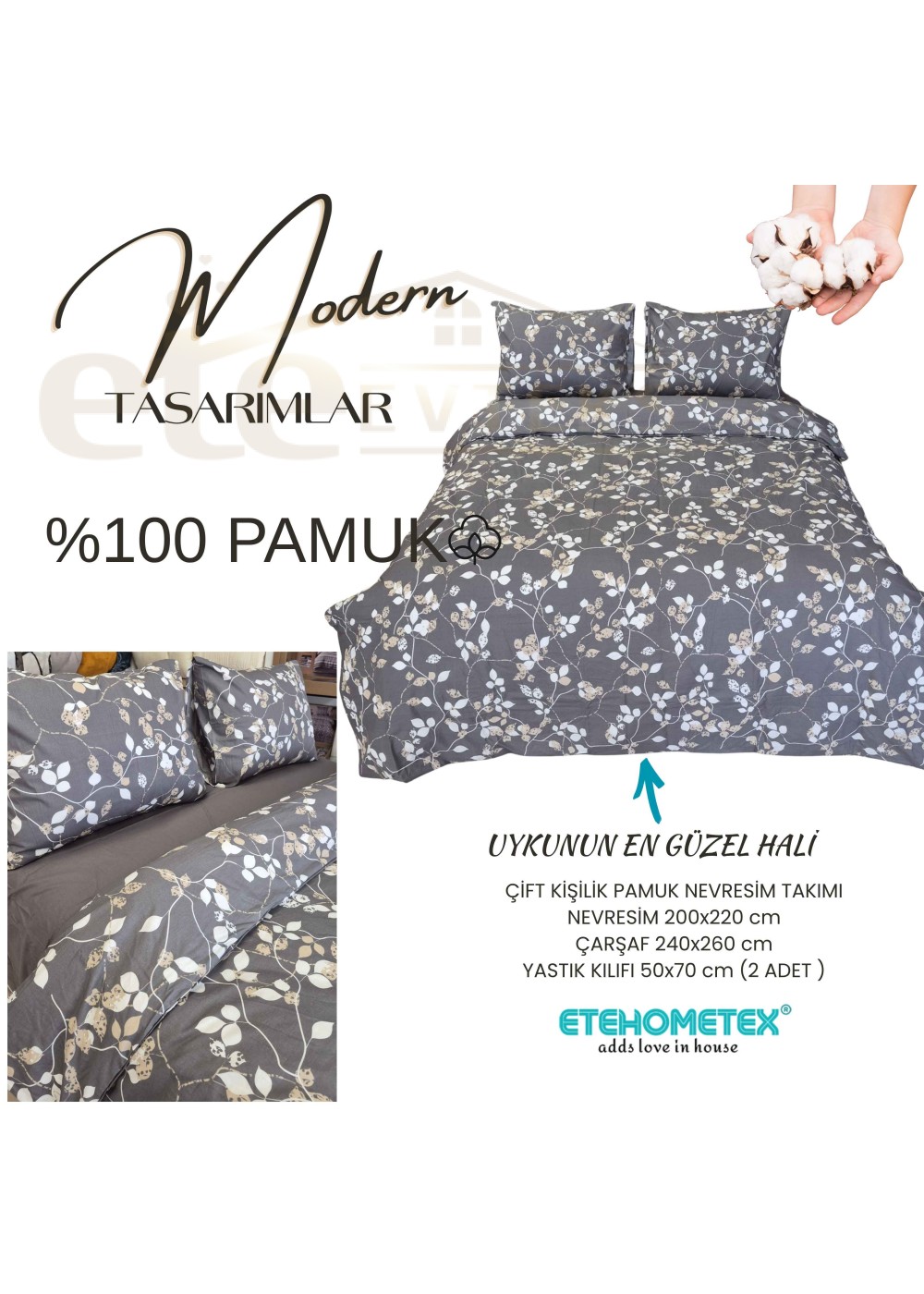 ETEHOMETEX %100 Pamuk Nevresim Takımı ÇİFT KİŞİLİK BAHAR DALI ANTRASİT 8696474232115